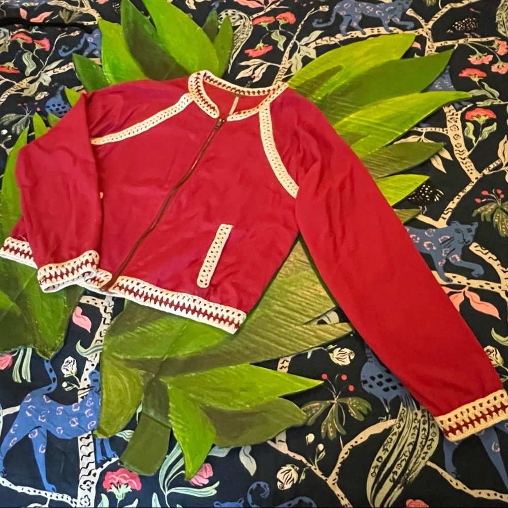 Free People Red Crochet Baseball jacket